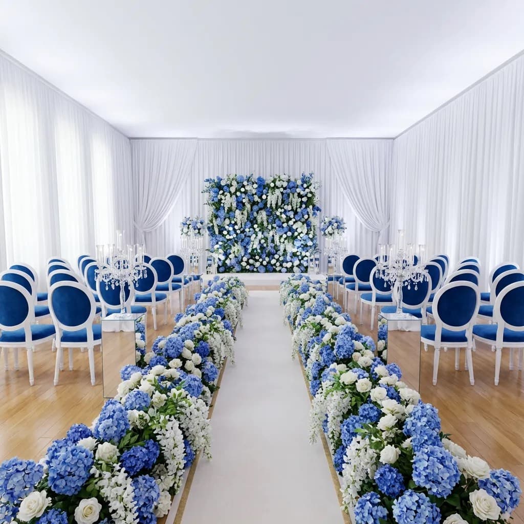 Blue velvet chairs face a white aisle lined with lush blue and white flowers.