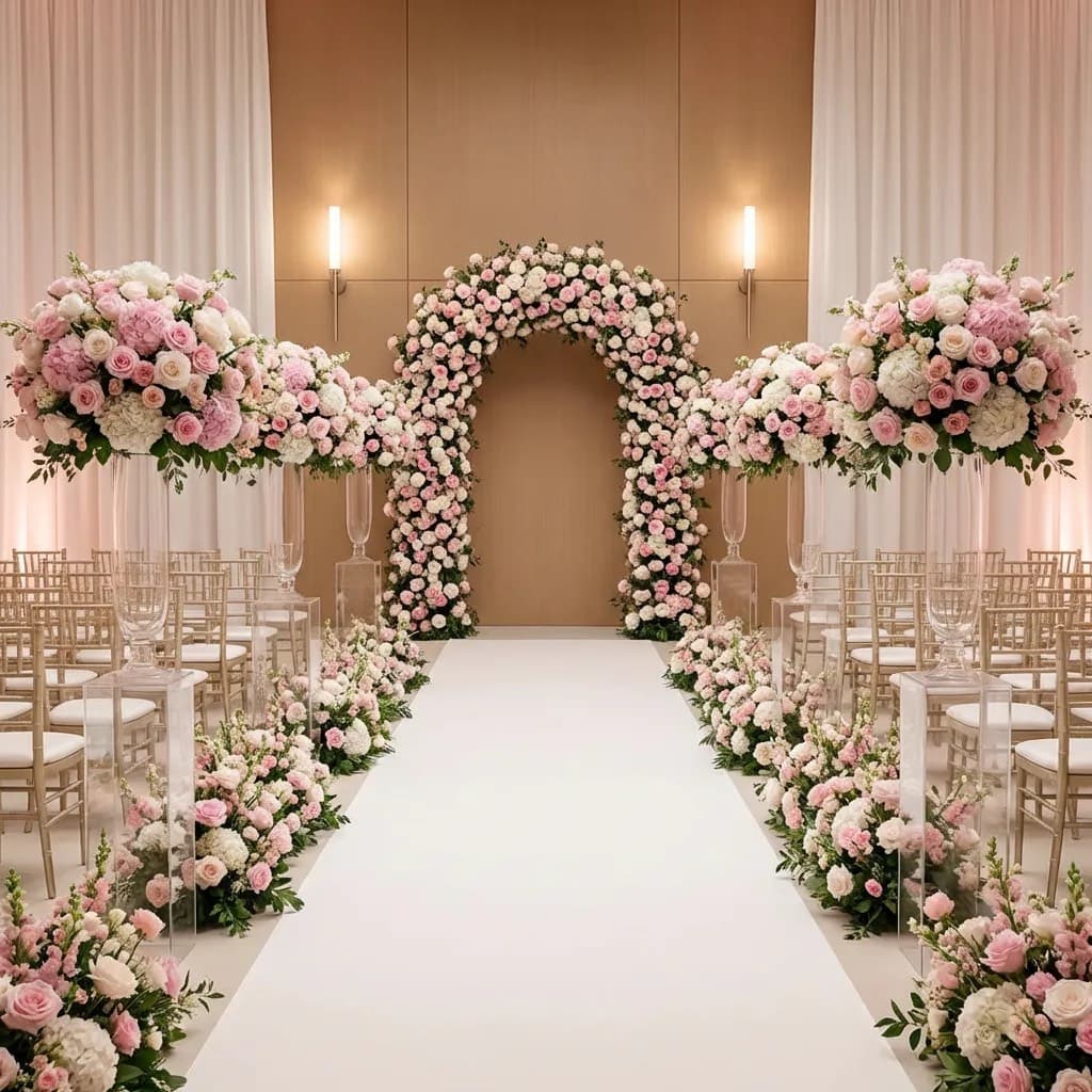 Elegant wedding ceremony aisle with pink and white floral arrangements and a rose arch.