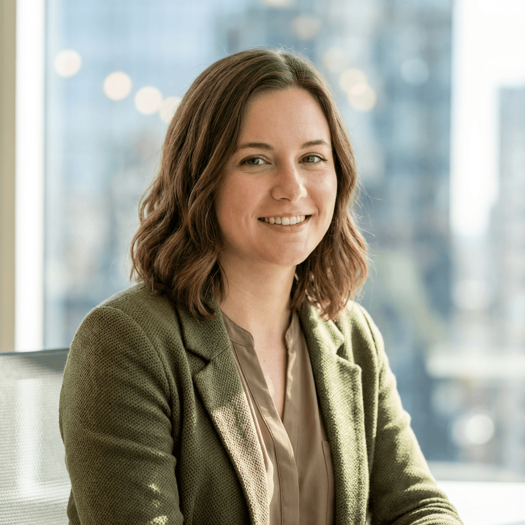 Smiling woman with wavy brown hair wearing a green textured blazer in a bright office.