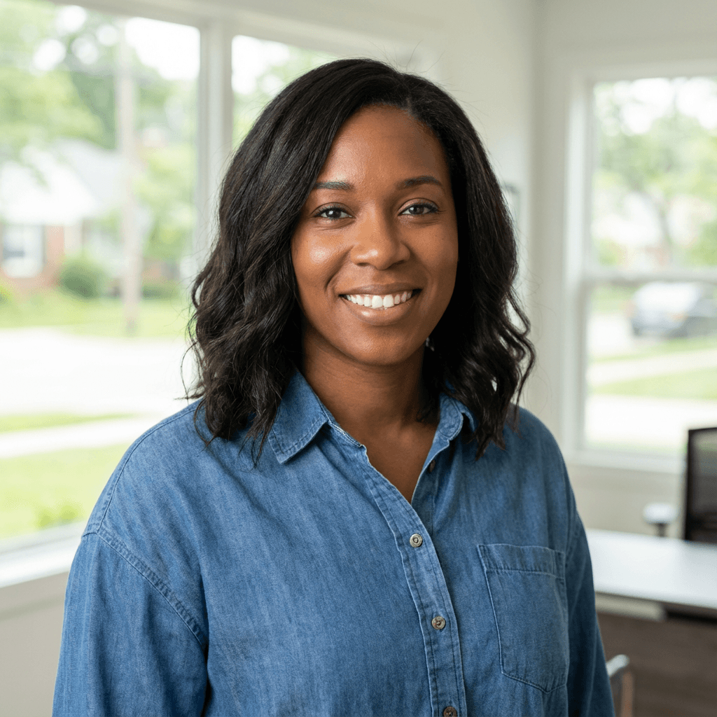 A smiling Black woman with wavy dark hair wearing a blue denim button-down shirt.