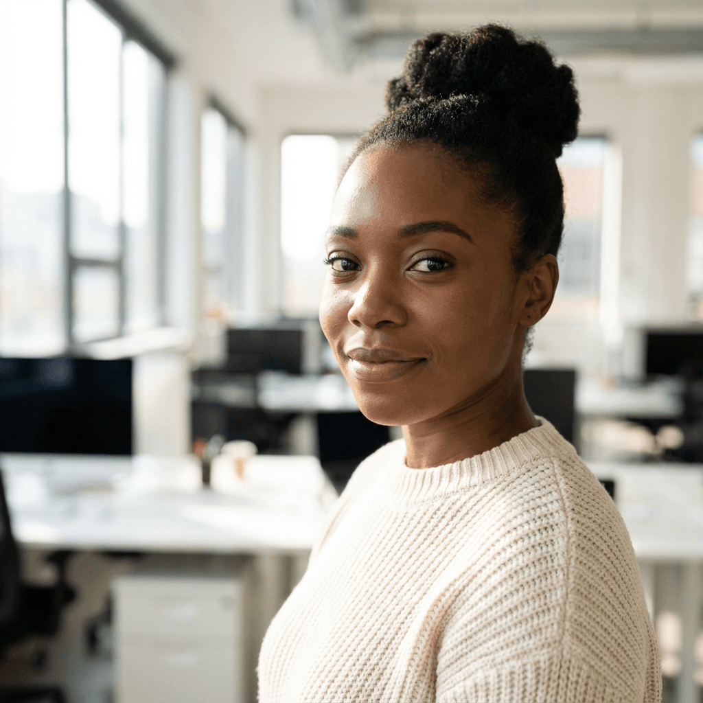 Smiling Black woman with a high bun and cream sweater in a bright office.