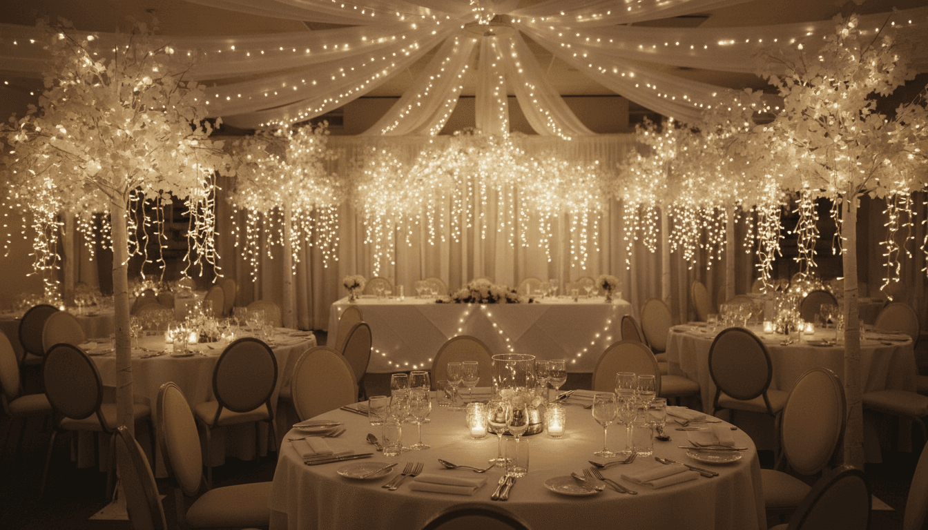 Fairy lights and white trees softly glowing inside an intimate event venue, with tables set for an evening celebration