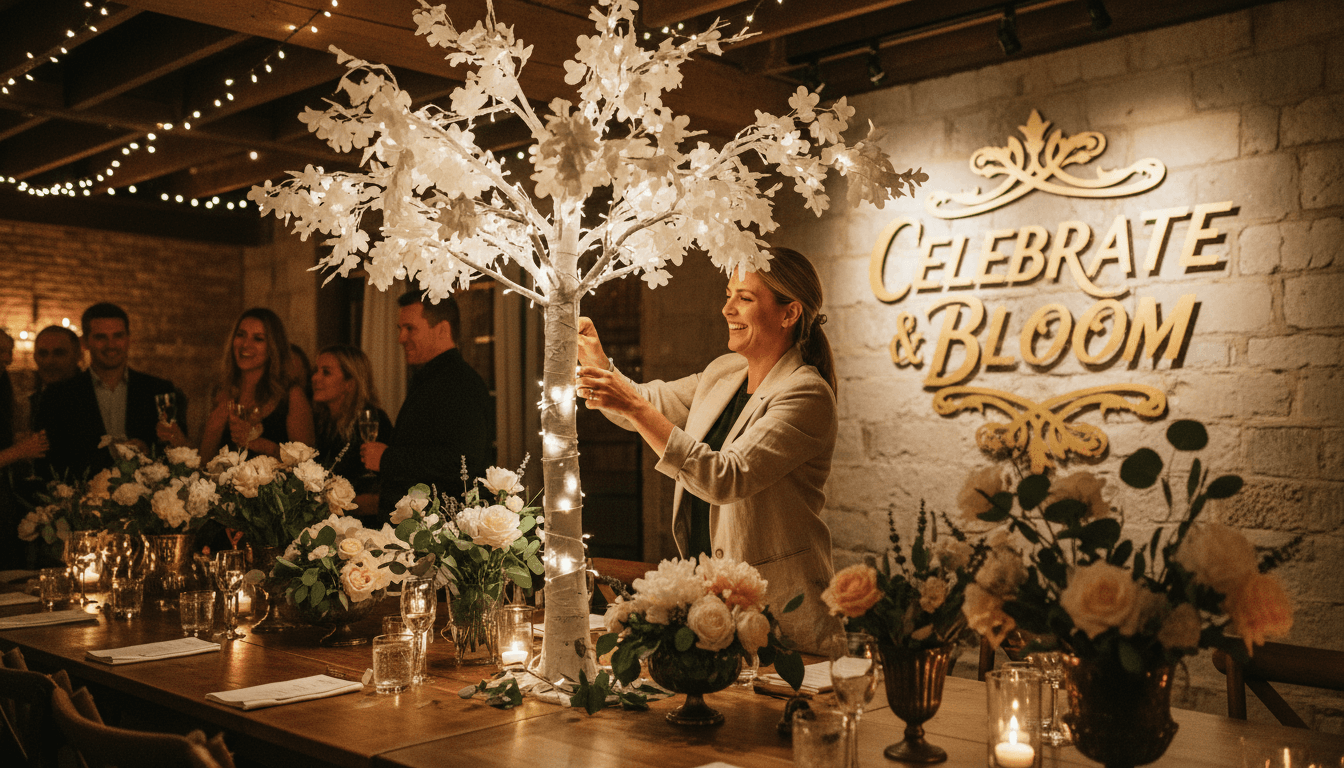 Host arranging decorations in event venue