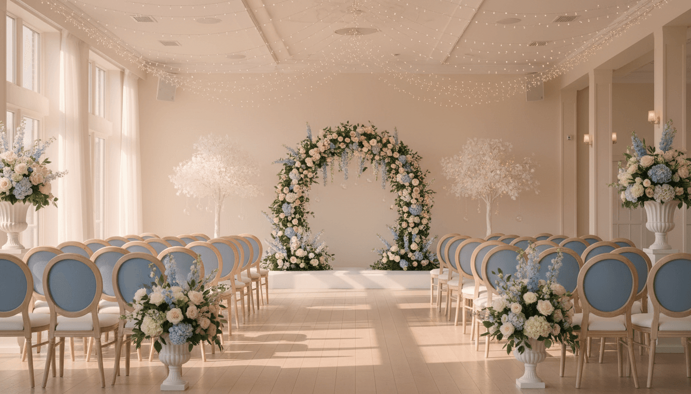 Elegant wedding ceremony setup with floral arch and blue chairs