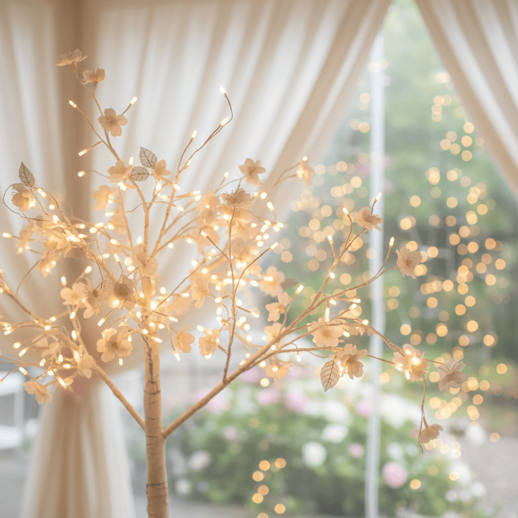 White decorative tree with fairy lights in event space