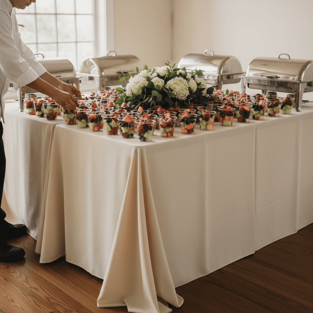 Caterer arranging fruit cups on a buffet table