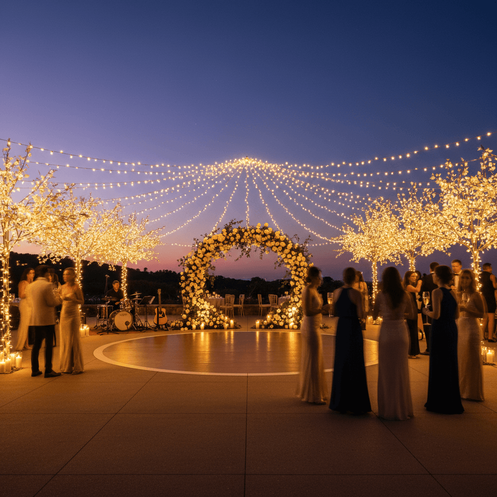 Evening reception setup with dance floor and lighted trees