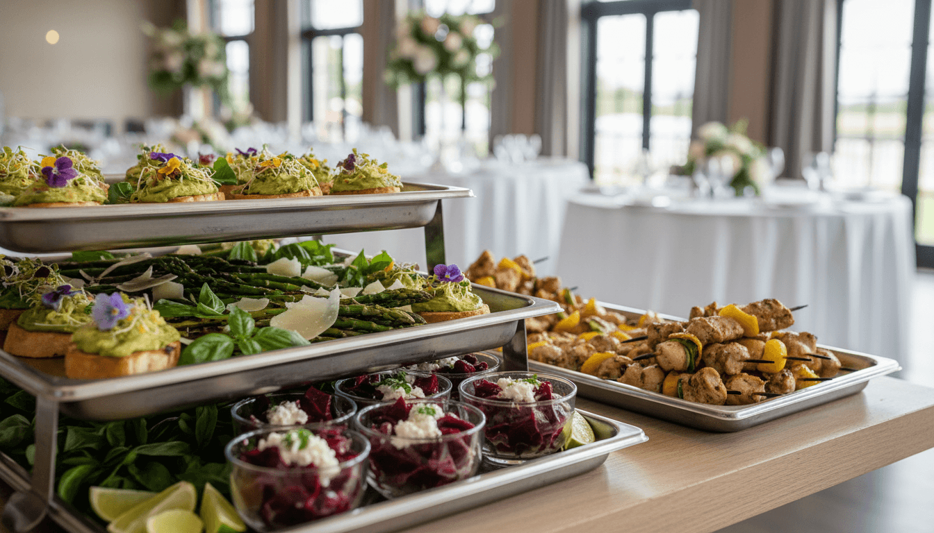 Catering trays with appetizers set up on a wooden table in an event space