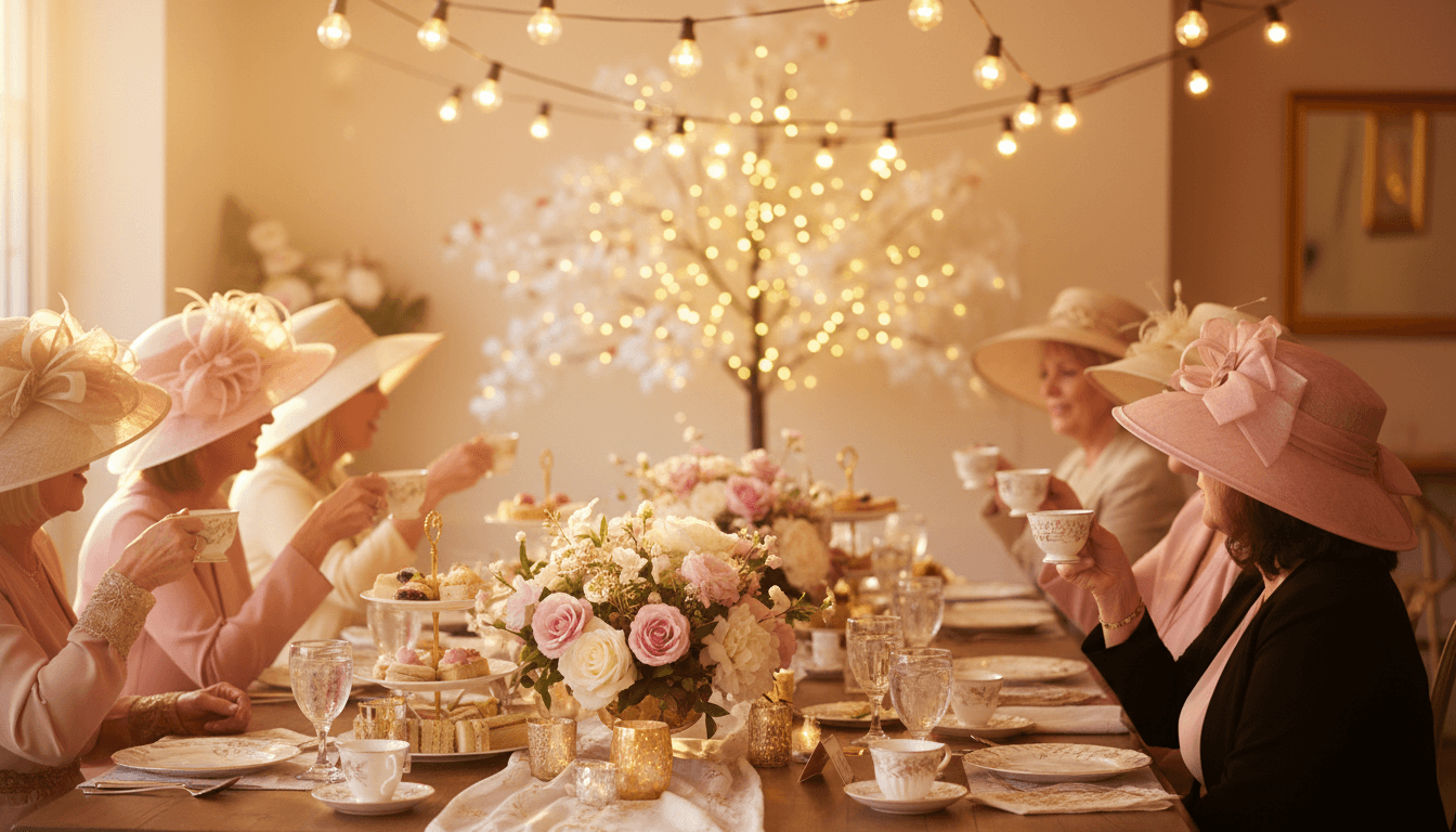 Tea party gathering with guests in elegant attire and hats