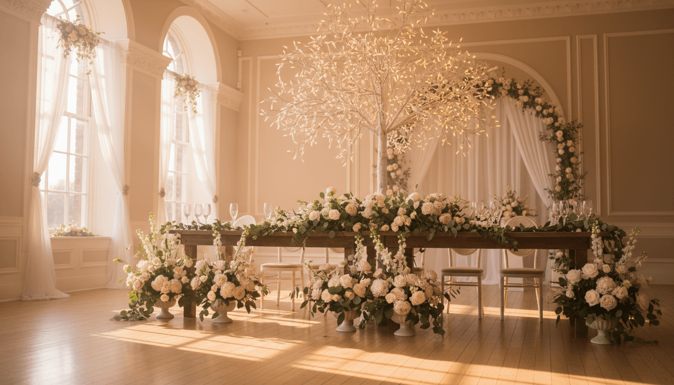 Elegant event space with fairy lights and floral arrangements