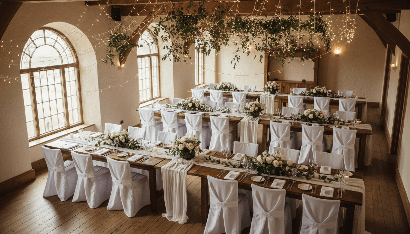 Elegantly decorated event space with white floral centerpieces and fairy lights
