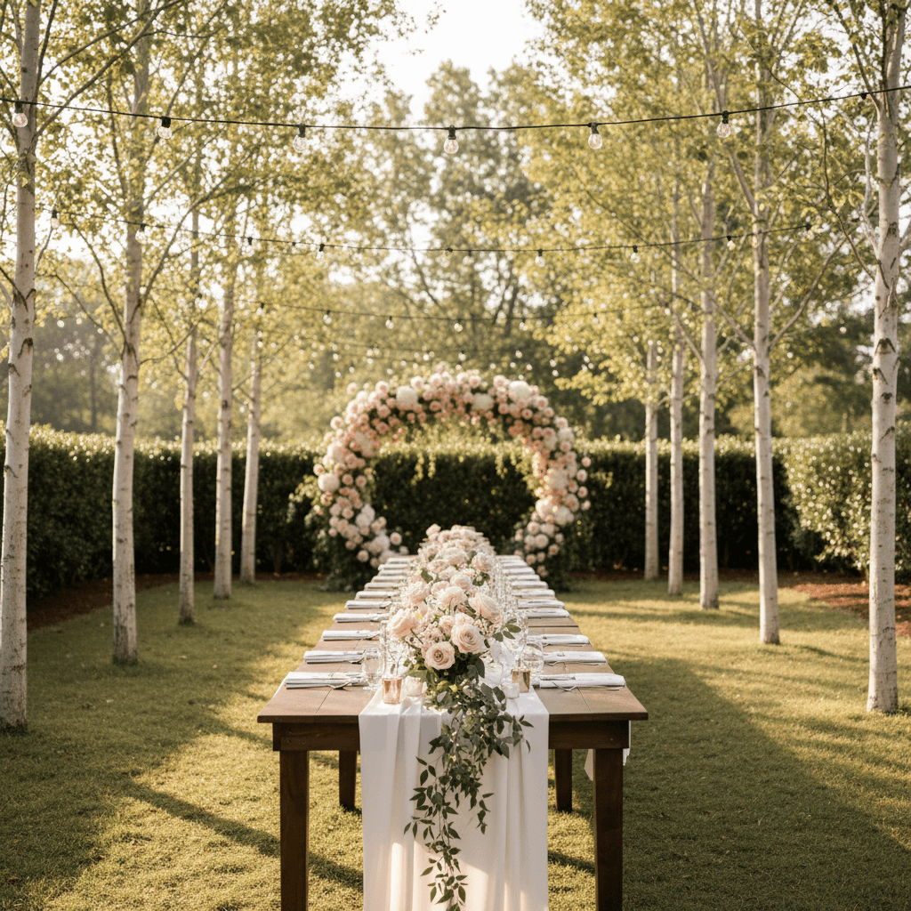 Garden party table with fairy lights and floral arch