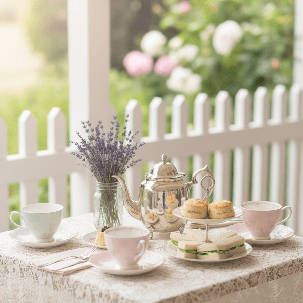 Tea party table with floral teacups and scones