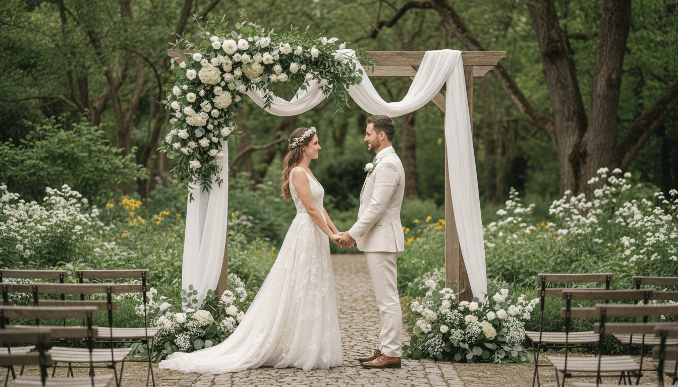 Couple exchanging vows under a floral arch at an intimate garden venue