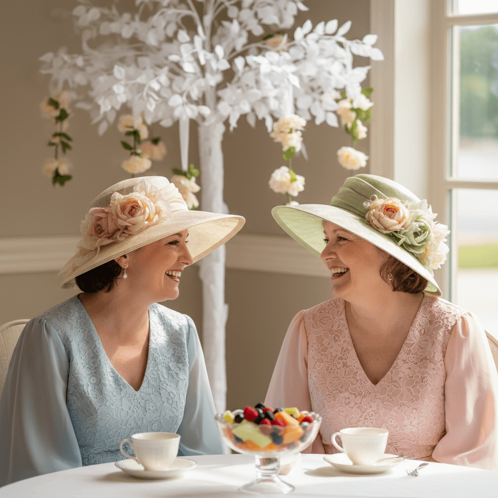 Two women in hats laughing at a tea party