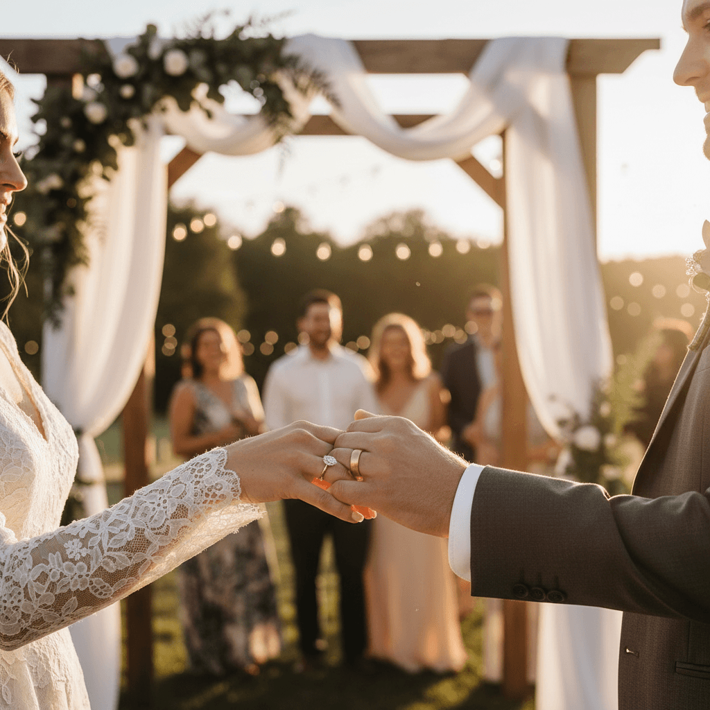 Couple holding hands under a wooden wedding arch