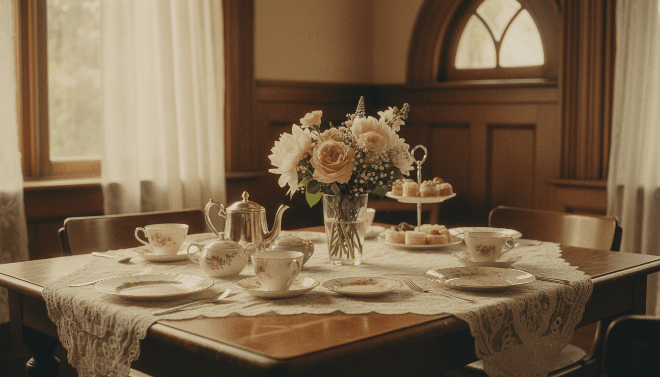 Guests laughing over tea at a warmly lit table with floral centerpiece