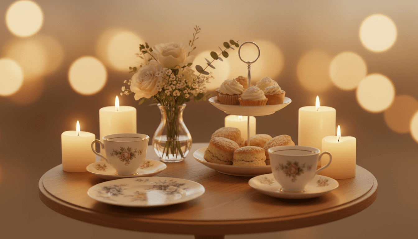 Tea party table setting with vintage teacups and pastries