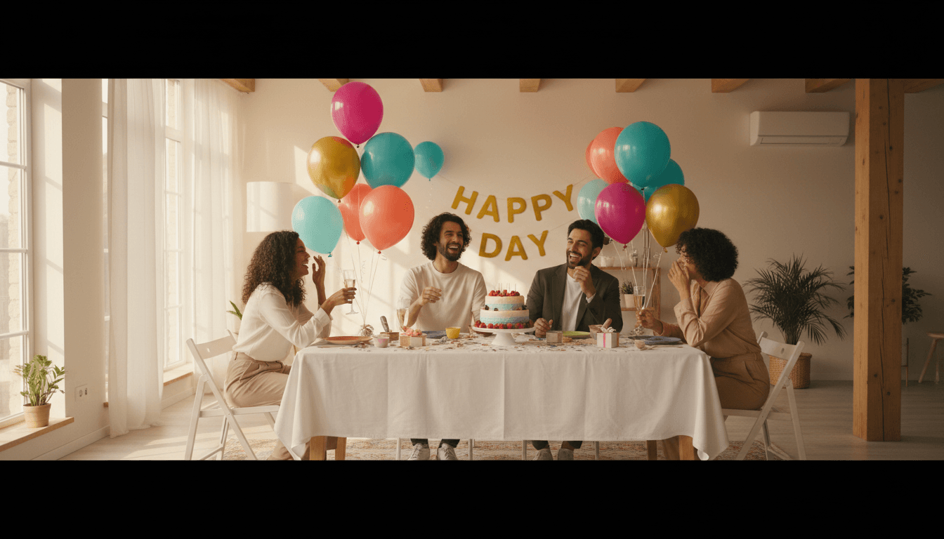 Friends celebrating around a gift table at a cheerful birthday gathering