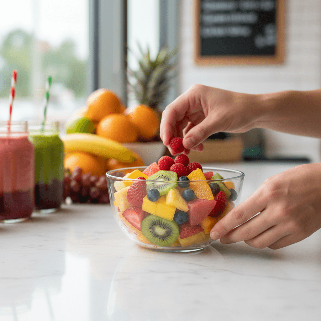 Freshly prepared individual fruit cups at a garden tea party with fairy lights