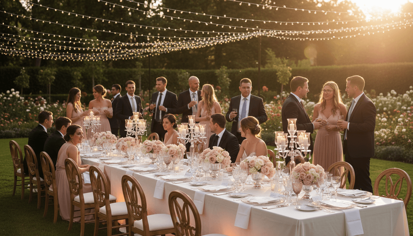 Elegant wedding venue with fairy lights and floral decor at dusk