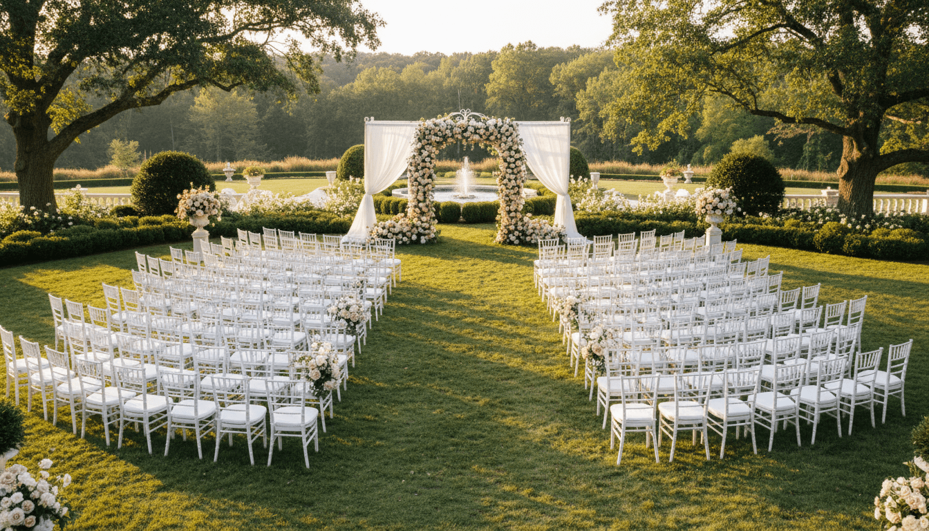 Wedding ceremony setup with floral arch and blue chairs