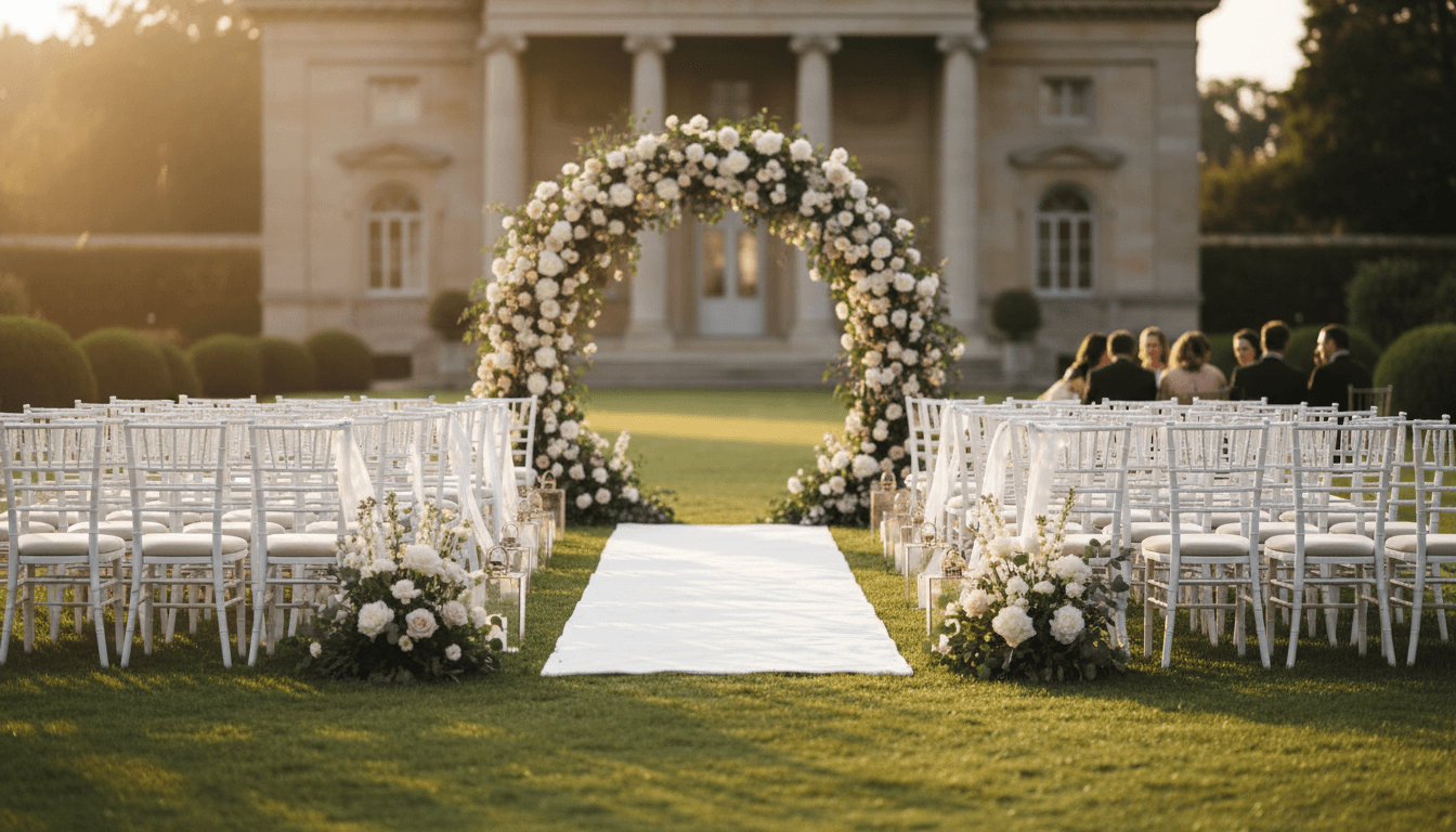 Elegant wedding ceremony setup with blue and white floral arch and aisle chairs