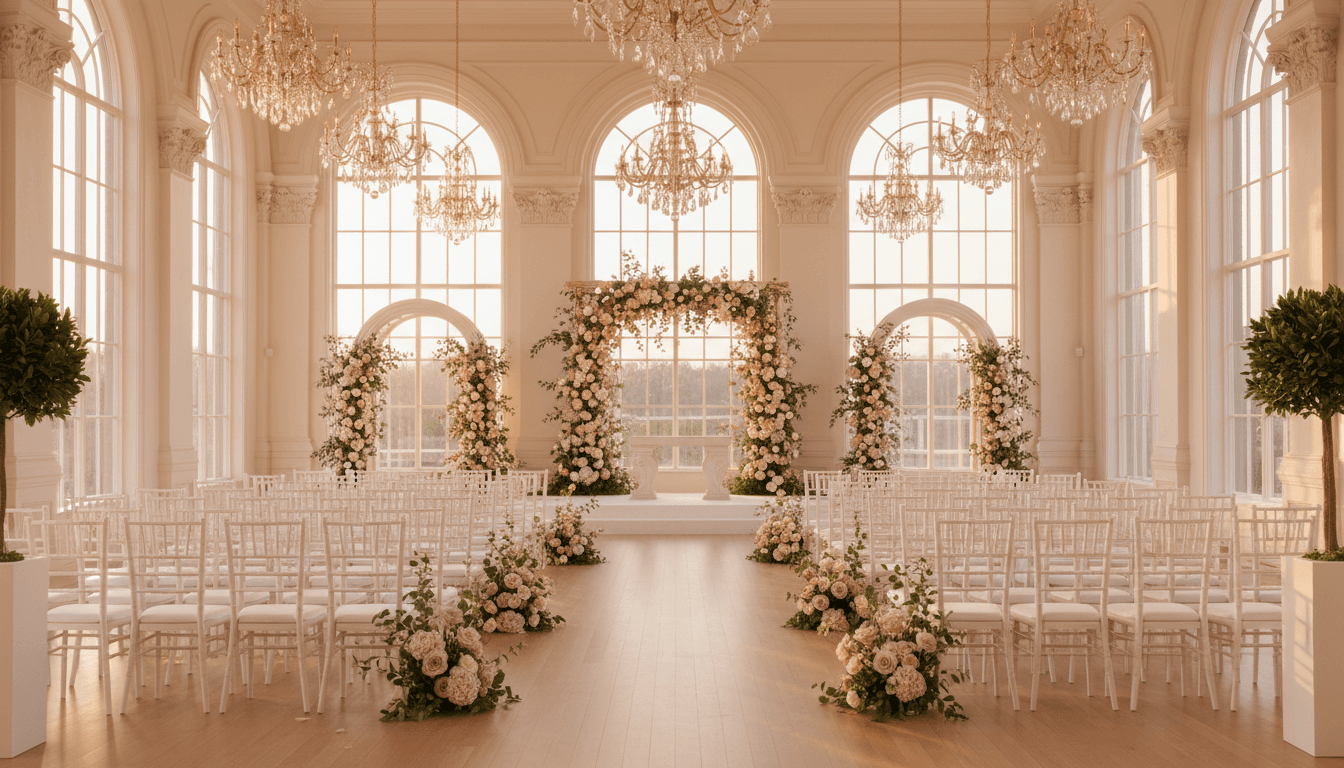 Elegant event space decorated with a white floral arch and fairy lights