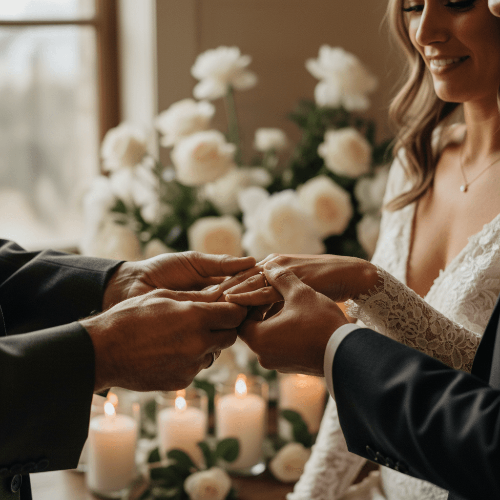 Couple exchanging vows under floral arch with guests