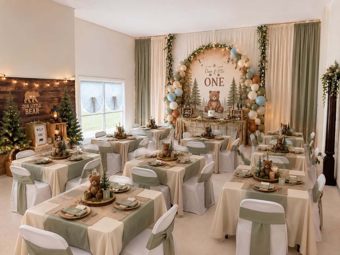 Teddy bear themed first birthday party with sage green decor, rustic centerpieces, and balloon arch.